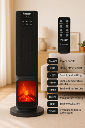 Hoogar German 2701 L Black OLED Şömineli Ekran Dijital Göstergeli Kule Tipi Seramik Fanlı Isıtıcı