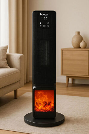 Hoogar German 2701 L Black OLED Şömineli Ekran Dijital Göstergeli Kule Tipi Seramik Fanlı Isıtıcı