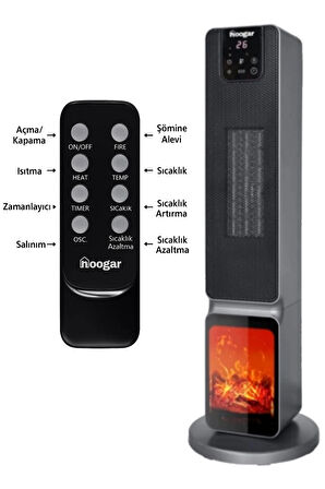 Hoogar German 2701 L GREY OLED Şömineli Ekran Dijital Göstergeli Kule Tipi Seramik Fanlı Isıtıcı