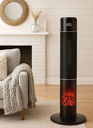 Hoogar German 2071 L Black Oval Seri OLED Şömineli Ekran Dijital Kule Tipi Seramik Fanlı Isıtıcı 80 CM