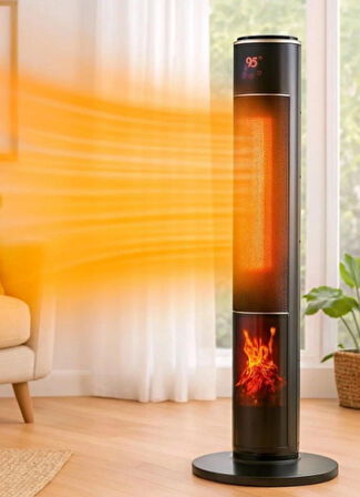 Hoogar German 2071 L Black Oval Seri OLED Şömineli Ekran Dijital Kule Tipi Seramik Fanlı Isıtıcı 80 CM