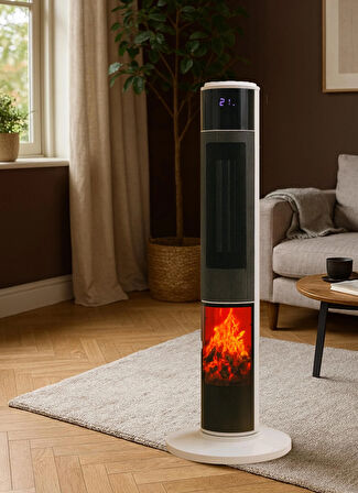 Hoogar German 2071 L White Oval Seri OLED Şömineli Ekran Dijital Kule Tipi Seramik Fanlı Isıtıcı 80 CM
