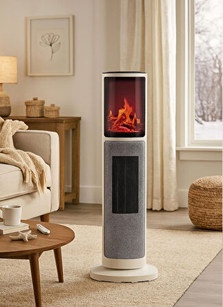 Hoogar German 2075 L White Oben Seri OLED Şömineli Ekran Dijital Kule Tipi Seramik Fanlı Isıtıcı