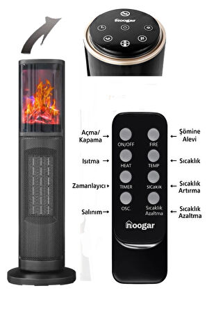 Hoogar German 2075 L Grey Oben Seri OLED Şömineli Ekran Dijital Kule Tipi Seramik Fanlı Isıtıcı