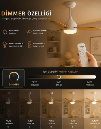 Süper Sessiz 3 Renk Uzaktan Kumandalı Dimmer Ayarlı Özel Bambu 95 CM Kanatlı Tavan Vantilatörü BL Isınmaz Motor