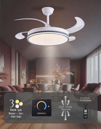 German Kuhle Antrasit Tavan Vantilatörü 3 Renk Led Gizli Pervaneli Kumandalı Dimmer Ayarlı DC Sistem Isınmaz Motor