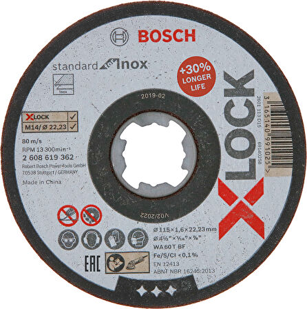 Bosch - X-LOCK - 115*1,6 mm Standard Seri Düz Inox (Paslanmaz Çelik) Kesme Diski (Taş)