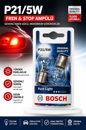 Bosch P21/5W Fren Stop Sinyal Ampulü 12V BAY15d Çift Flamanlı Orijinal Pure Light 2 Adet | Yüksek Görünürlük