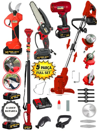 Eısenn Red 500 Full 5 Li Bahçe Seti Makas 17 Cm Testere Hava Üfleme Çim Biçme Teleskop +4 Akülü