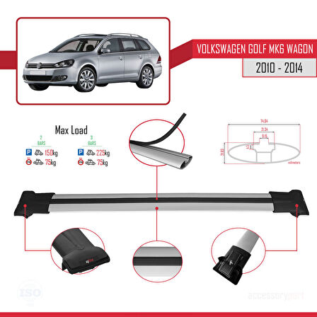 VW Golf Mk6 Wagon 2010-2014 Arası ile Uyumlu FLY Model Ara Atkı Tavan Barı Gri 2 Adet