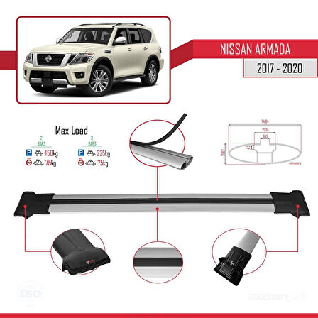 Nissan Armada 2 (Y62) 2017-2020 Arası ile Uyumlu FLY Model Ara Atkı Tavan Barı Gri 2 Adet