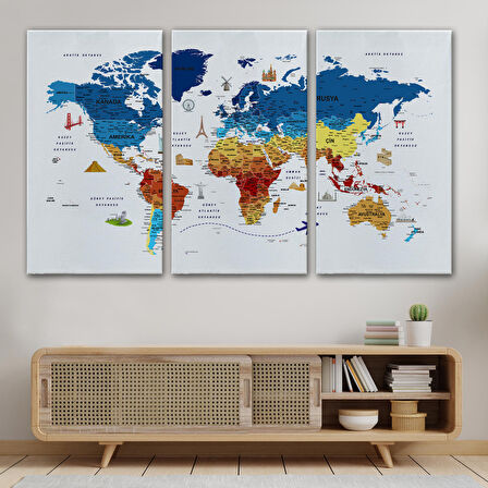 Harita Sepeti Türkçe Dünya Haritası Son Derece Ayrıntılı Eğitici ve Sembollü Kanvas Tablo 3166