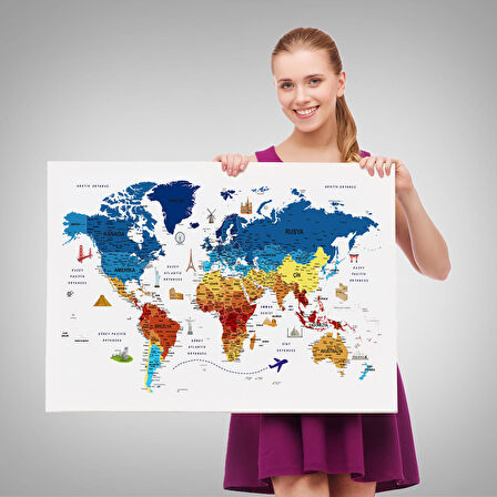 Harita Sepeti Türkçe Dünya Haritası Son Derece Ayrıntılı Eğitici ve Sembollü Kanvas Tablo 3166