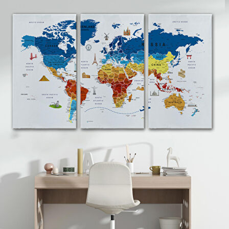 Harita Sepeti Dünya Haritası Son Derece Ayrıntılı Eğitici ve Sembollü Kanvas Tablo 3167