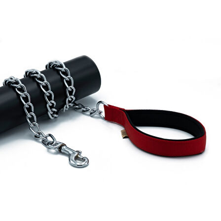 PETLOVEBUTİK Konforlu Dokumadan El Yapımı Zincirli Köpek Gezdirme Kayışı 4x110cm - Red