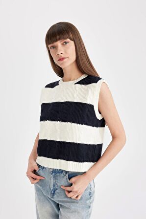 DeFacto Regular Fit Çizgili Bisiklet Yaka Triko Süveter C9042AX24WNER105