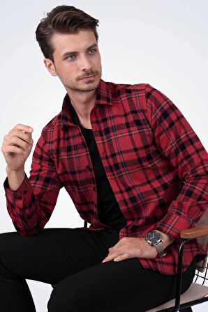 Kırmızı Mavi Çizgili Slimfit Oduncu Gömlek
