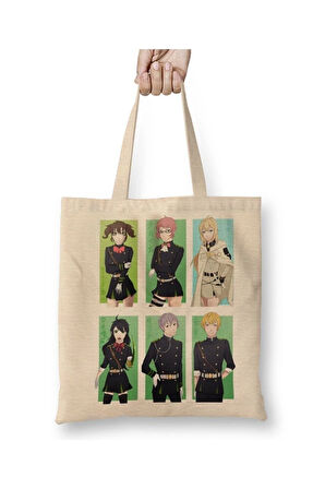 Owari No Serapy Kıyamet Meleği Beyaz Bez Çanta Uzun Saplı Alışveriş Çantası Plaj Çantası