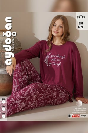 Aydoğan Kadın Büyük Beden Grow Through Yazılı Menekşe İnci Pijama Takımı 9173