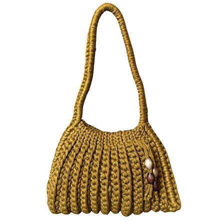 Uretti - Emine 9106 El Örgüsü Hasır Görünümlü Penye Kumaş Omuz Çantası - 26 x 19