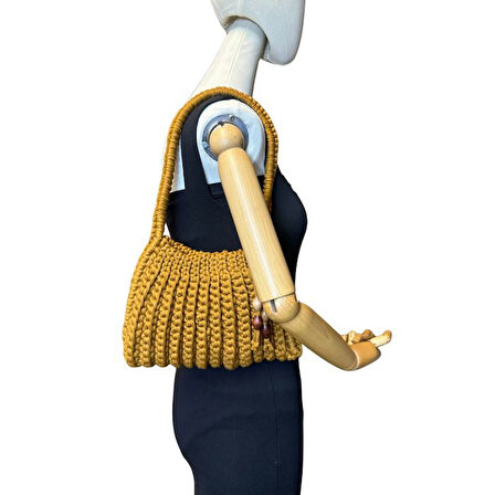 Uretti - Emine 9106 El Örgüsü Hasır Görünümlü Penye Kumaş Omuz Çantası - 26 x 19