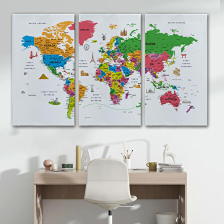 Harita Sepeti Türkçe Dünya Haritası Son Derece Ayrıntılı Eğitici ve Sembollü Kanvas Tablo 3172