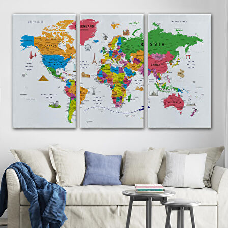 Harita Sepeti Dünya Haritası Son Derece Ayrıntılı Eğitici ve Sembollü Kanvas Tablo 3173