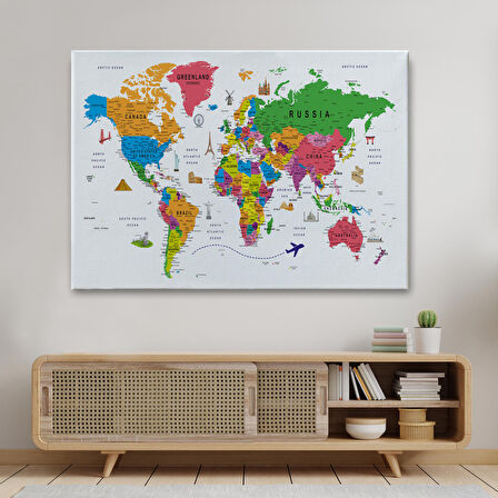 Harita Sepeti Dünya Haritası Son Derece Ayrıntılı Eğitici ve Sembollü Kanvas Tablo 3173