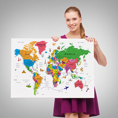 Harita Sepeti Dünya Haritası Son Derece Ayrıntılı Eğitici ve Sembollü Kanvas Tablo 3173