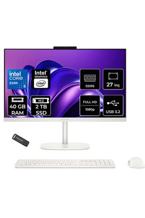 OmniStudio 27 Core 5 210H 40GB RAM 2TB SSD 27" FHD FreeDos Beyaz All in One Bilgisayar + Per4 USB Bellek