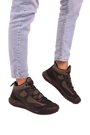 Deri Görünümlü Erkek Trekking & Outdoor Bot Ayakkabı SİYAH - HAKİ