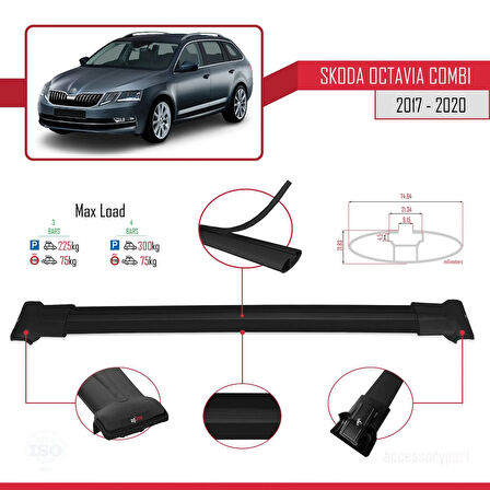 Skoda Octavia 3 (5E) Combi Post-Facelift 2017-2020 Arası ile Uyumlu FLY Model Ara Atkı Tavan Barı Siyah 3 Adet