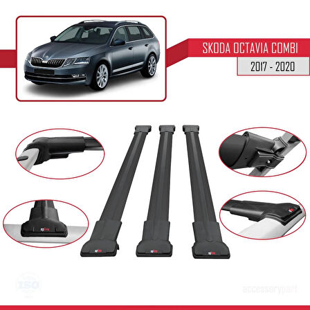 Skoda Octavia 3 (5E) Combi Post-Facelift 2017-2020 Arası ile Uyumlu FLY Model Ara Atkı Tavan Barı Siyah 3 Adet