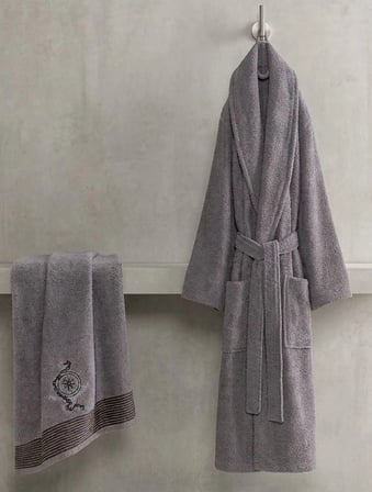 Bicomi  Pamuklu Ultra Emici Şal Yaka Erkek Bornoz & Havlu Banyo Seti – Antrasit