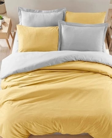 Biçomi Four Season Pamuklu 4 Mevsim Çift Kişilik Lastikli Çarşaflı Nevresim Takımı (Hardal - Gri)