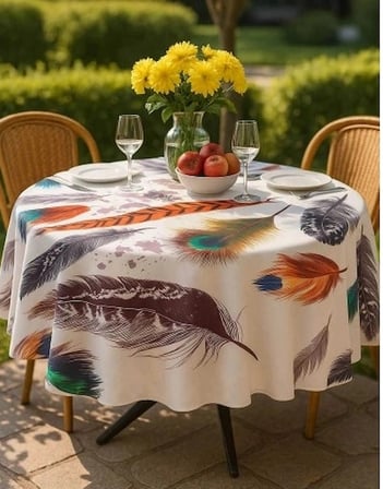 Biçomi Leke İtici & Kolay Temizlenen Form Koruyucu Tüy Desenli Yuvarlak Masa Örtüsü (150×150 cm)