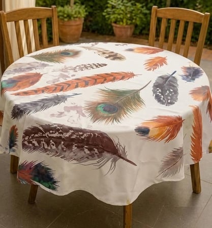 Biçomi Leke İtici & Kolay Temizlenen Form Koruyucu Tüy Desenli Yuvarlak Masa Örtüsü (150×150 cm)