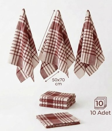 Leke Bırakmayan Yüksek Emici 10'Lu Pamuk Mutfak Kurulama Bezi & Peçetesi (50X70 Cm - Bordo)