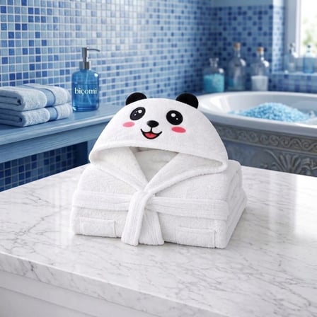 Hızlı Kurulayan ve Üşütmeyen Doğal Pamuklu Kapüşonlu Çocuk Bornozu (Sevimli Panda Serisi)