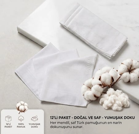 12'li Paket %100 Pamuklu Yumuşak & Emici Hijyenik Beyaz El ve Cep Kumaş Mendil Seti (39x39 cm)