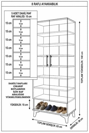 Ahşap Ayaklı 8 Raf 2 Kapak Çok Amaçlı Dolap Büyük Ayakkabılık Dresuar 24 Çift Ayakkabı Beyaz