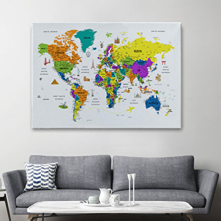 Harita Sepeti Türkçe Dünya Haritası Son Derece Ayrıntılı Eğitici ve Sembollü Kanvas Tablo 3178