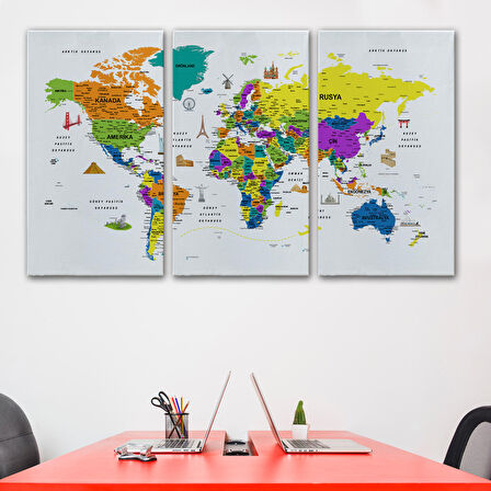 Harita Sepeti Türkçe Dünya Haritası Son Derece Ayrıntılı Eğitici ve Sembollü Kanvas Tablo 3178