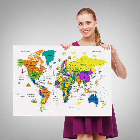 Harita Sepeti Türkçe Dünya Haritası Son Derece Ayrıntılı Eğitici ve Sembollü Kanvas Tablo 3178