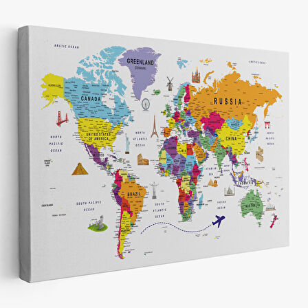 Harita Sepeti Dünya Haritası Son Derece Ayrıntılı Eğitici ve Sembollü Kanvas Tablo 3179
