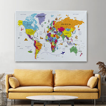 Harita Sepeti Dünya Haritası Son Derece Ayrıntılı Eğitici ve Sembollü Kanvas Tablo 3179