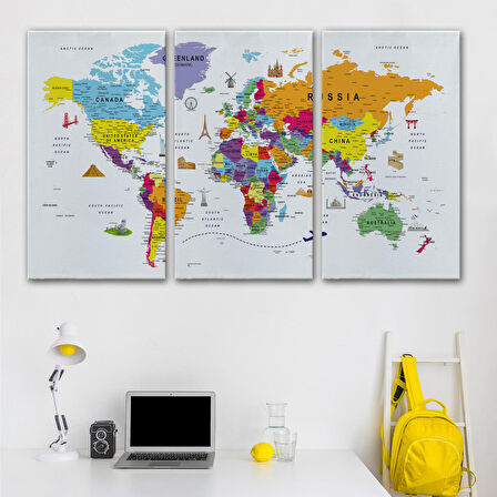 Harita Sepeti Dünya Haritası Son Derece Ayrıntılı Eğitici ve Sembollü Kanvas Tablo 3179