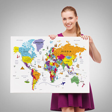 Harita Sepeti Dünya Haritası Son Derece Ayrıntılı Eğitici ve Sembollü Kanvas Tablo 3179