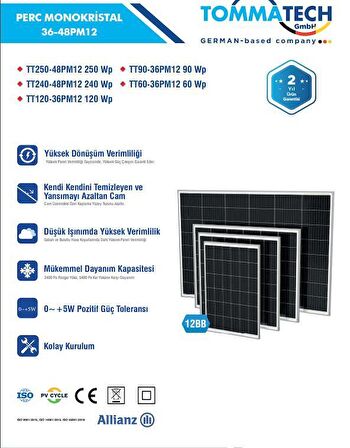 TommaTech 240Wp 48PM M12 HC-MB Güneş Paneli