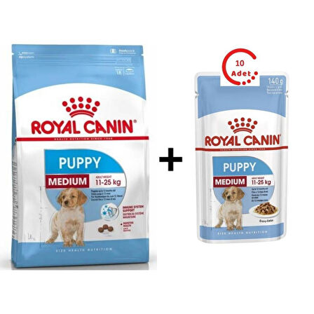 Royal Canin Medium Puppy Orta Irk Yavru Köpek Maması 15 Kg + 10 Adet  Royal Canin Medium Puppy Köpek Yaş Maması 140g 
